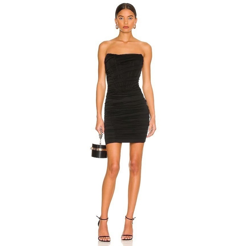 Superdown Sonya Bustier Ruched Mesh Strapless Bodycon Mini Dress Black Size S